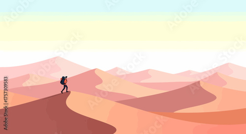 Desert Trekking Adventures Among Sandy Dunes Landscape With Backpack