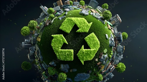 3D top view of Earth with green grass recycling symbol and recyclable waste elements. Recycling, sustainability, eco-awareness, Earth care, conservation, waste management, and green planet protection.