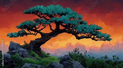 Exquisite Polygonal Tree Silhouette Against Vibrant Sunset Sky with Dramatic Colors and Geometric Background in Nature Landscape Art