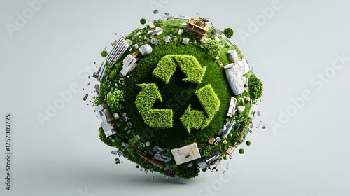 3D top view of Earth with green grass recycling symbol and recyclable waste elements. Recycling, sustainability, eco-awareness, Earth care, conservation, waste management, and green planet protection.