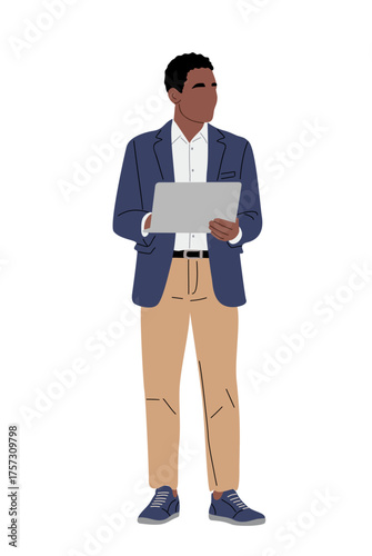 Minimalist vector of a professional man in navy blazer and khaki pants holding a laptop, flat modern design, clean lines, business attire illustration on transparent background