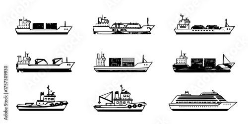 industrial ship icon set. vessels for transportation and fishing. isolated vector images in simple style
