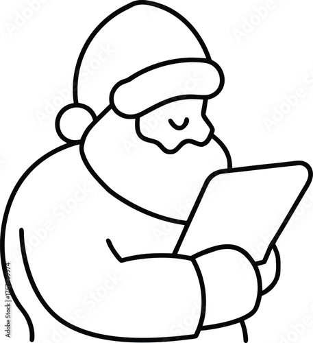 santa reading letters minimal line drawing illustration on transparent background