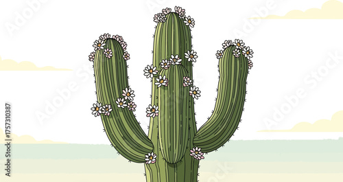 Saguaro cactus blooms against a clear blue sky in the desert landscape creating a serene and beautiful scene of nature's wonders