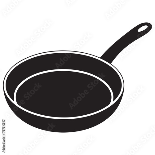 Simple black silhouette of a frying pan on a white background Simple outline drawing of a frying pan with handle
