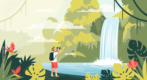 Exploring Nature Tourist In Tropical Jungle With Waterfall