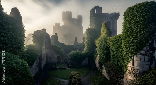 Misty ruins of an old castle covered in ivy, with towers disappearing into the fog in the distance