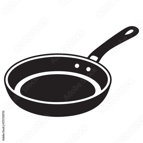 Simple black silhouette of a frying pan on a white background Simple outline drawing of a frying pan with handle
