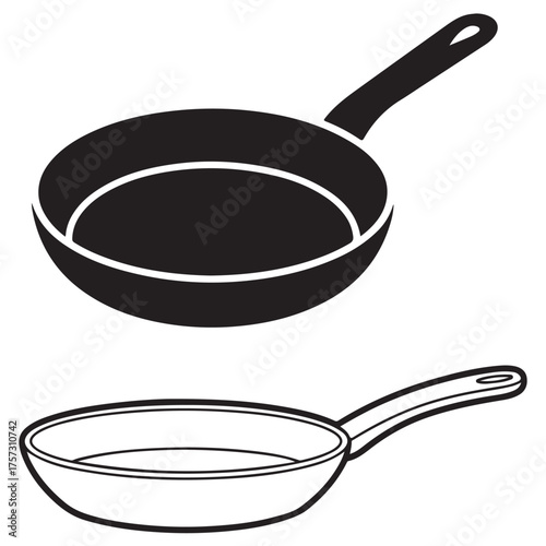 Simple black silhouette of a frying pan on a white background Simple outline drawing of a frying pan with handle
