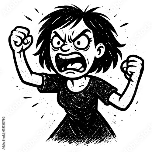 Angry mad woman black and white cartoon
