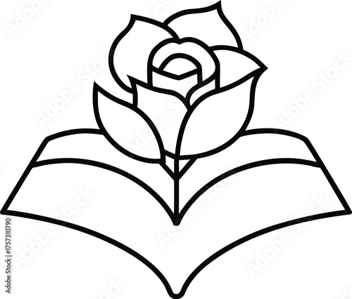 Single Line Rose Emerging from Open Book Outline Illustration on Transparent Background
