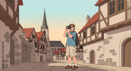 Exploring Old Town Charm On Vacation As Tourist Takes Pictures