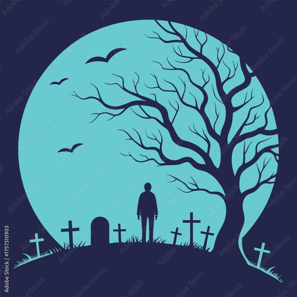 Naklejka premium Silhouette of lone man visits graves, birds fly on the spooky halloween night