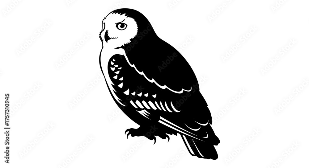 Fototapeta premium A striking black and white graphic illustration of a majestic owl, perfect for winter holiday designs and festive seasonal projects.