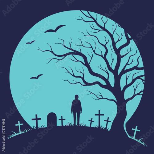 Silhouette of lone man visits graves, birds fly on the spooky halloween night