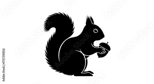 A sleek black squirrel silhouette, captured in profile, holds a small acorn, perfect for nature-themed designs and graphic elements.