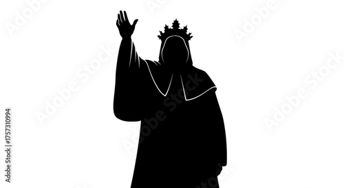 A majestic silhouette of a crowned monarch in a flowing robe, regally raising a hand, evoking themes of leadership and festive tradition.