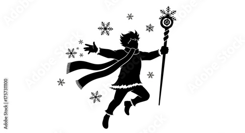 A whimsical silhouette depicts a joyful winter figure, perhaps a magical character like Jack Frost, spreading holiday cheer with snowflakes and a festive staff.
