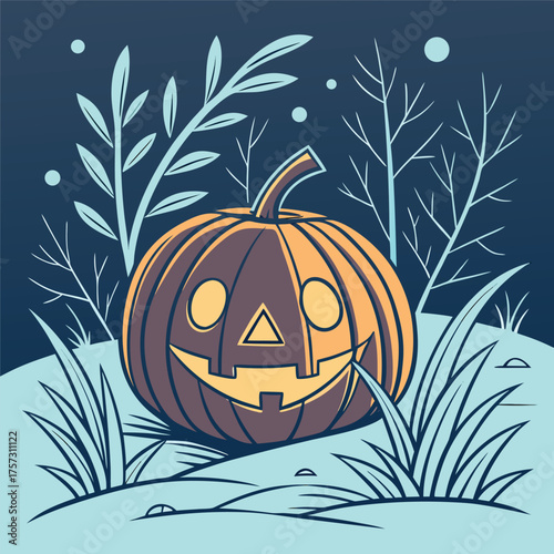 Spooky jackolantern sits among winter foliage beneath a cold night sky, depicted with simple shapes