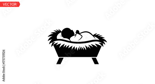 This simple black vector silhouette depicts the infant Jesus lying peacefully in a traditional manger, symbolizing the sacred birth and the true spirit of Christmas.