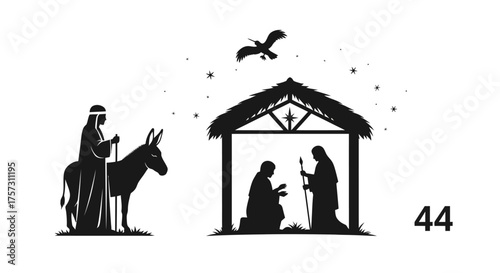 A striking black silhouette depicts the sacred nativity scene, featuring Mary, Joseph, and baby Jesus in a humble stable, celebrating the Christmas story.
