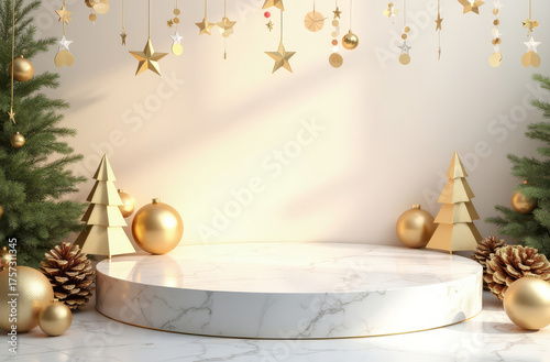 Luxurious white marble podium with golden ornaments and pine trees. Festive Christmas background with minimal elegant design. Modern winter scene with marble stage and decorations.