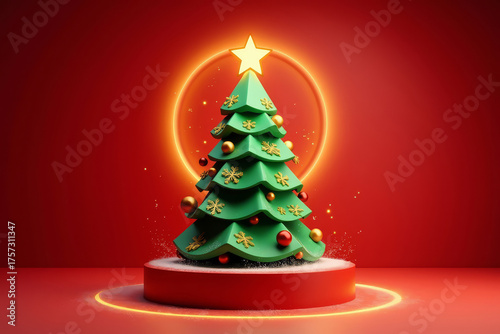 Red Christmas podium with glowing tree-shaped decoration. Festive modern scene with red lights and reflection. Christmas background with minimalist red podium and neon elements. 