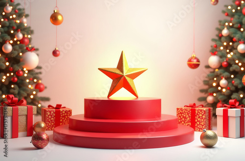 Festive red 3D podium with golden star and Christmas trees. Holiday display background with space for product. Elegant red stage with warm lights and Christmas decorations.
