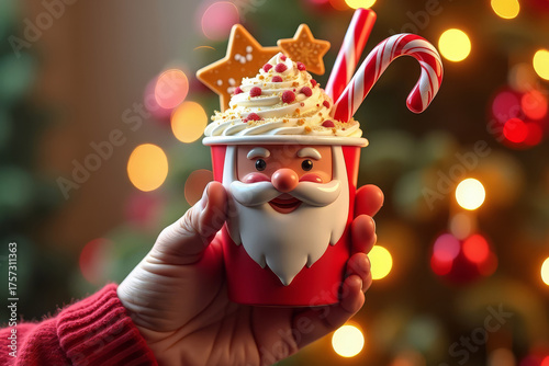 Christmas takeaway cup decorated like Santa Claus with candy cane. Festive red mug with whipped cream and marshmallows. Holiday hot drink with Christmas decor. Cozy festive beverage concept.