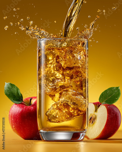 Apple juice in glass with ice cubes and red apples on yellow background