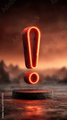Bright Red Exclamation Mark Sign With Glowing Neon Effect Against Dark Background Highlighting Urgency and Attention Grabber Concept