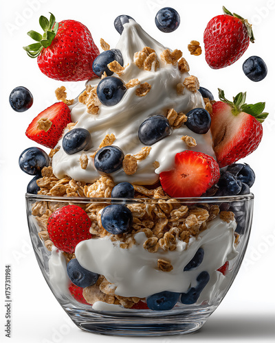 Muesli with yogurt and berries in glass bowl isolated on white background