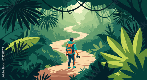 Hiker Exploring Tropical Rainforest Adventure With Camera Backpack