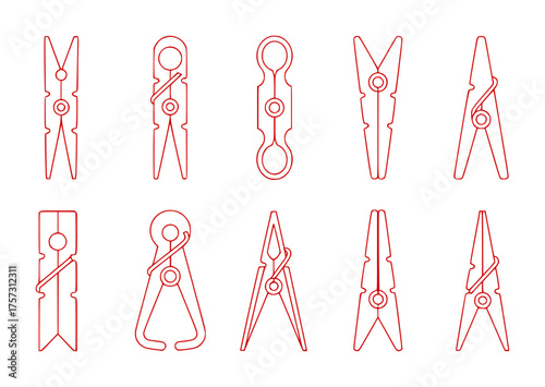 Collection of Red Outline Clothespins on White Background