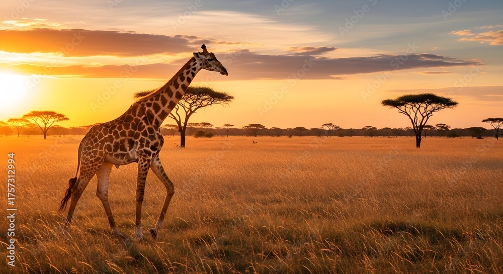 Obraz premium Giraffe walking in the african savanna at sunset with acacia trees and golden light in the background