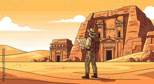 Lost Tourist Exploring Ancient Rock Cut Architecture In The Desert