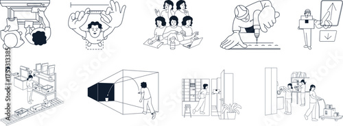 Factory Warehouse Workers Spot Illustration. Modern Industrial Job Character Set. Logistic Packaging System. Delivery Teamwork Manufacturing, Assembly Engineering, Courier Store, Storage People, Flat 