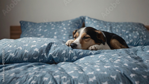 A sleepy golden-red dog is nestled comfortably in a blue bed with floral patterned pillows, eyes closed in peaceful slumber.