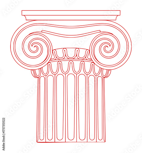 Ionic Column Capital - Red Line Drawing of Ancient Architecture