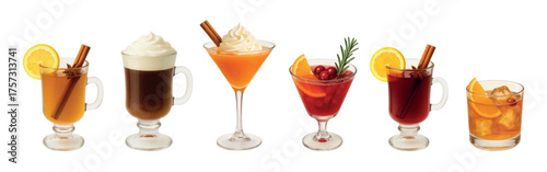 Winter christmas cocktail set – hot toddy, mulled wine, pumpkin martini, irish coffee, cranberry smash, maple old fashioned. Vectors isolated on white background.
