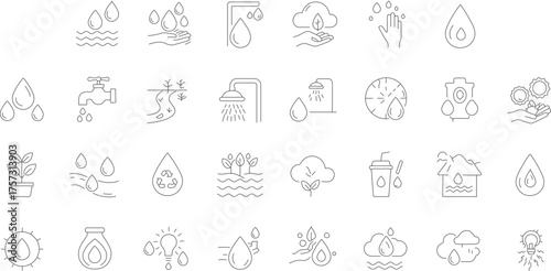 Minimalist Thin Line Water Cycle and Conservation Icon Set Collection