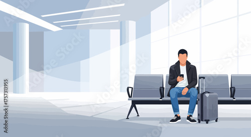 Man Checking Phone While Waiting For Flight At Airport Terminal