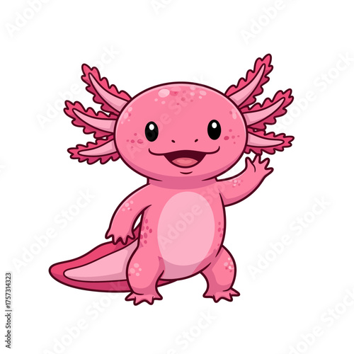 Cute cartoon axolotl waving hand, smiling and happy.