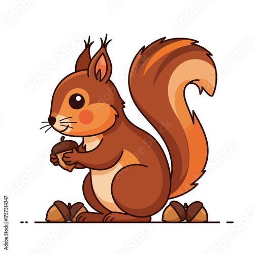 Cute cartoon squirrel holding acorn, brown fur, white background.