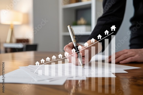 Real estate market growth with rising house prices and investment chart