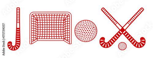 Red Hockey Sticks, Net, and Ball Icons on White Background
