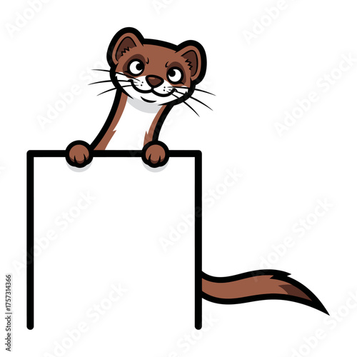 Cute cartoon weasel holding a blank sign for your message.