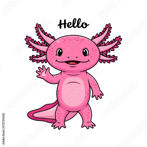 Cute pink axolotl waving hello, adorable amphibian illustration.