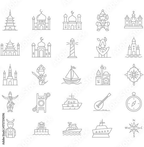 Simple Outline Various Place of Worship Building Structure Icon Set