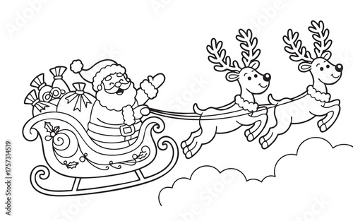 santa claus and reindeer. coloring page for children. vector